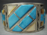 Huge Heavy Vintage Zuni Turquoise Shell Sterling Native American Jewelry Silver Bracelet Old-Nativo Arts