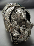 Huge Men's Vintage Native American Jewelry Navajo Green Turquoise Sterling Silver Bear Bracelet-Nativo Arts