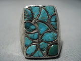 Huge Men's Vintage Native American Jewelry Navajo Turquoise Sterling Silver Inlay Ring Old-Nativo Arts