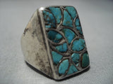 Huge Men's Vintage Native American Jewelry Navajo Turquoise Sterling Silver Inlay Ring Old-Nativo Arts