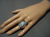 Huge Men's Vintage Native American Jewelry Navajo Turquoise Sterling Silver Inlay Ring Old-Nativo Arts