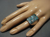 Huge Men's Vintage Native American Jewelry Navajo Turquoise Sterling Silver Inlay Ring Old-Nativo Arts