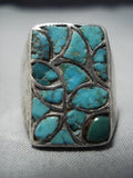 Huge Men's Vintage Native American Jewelry Navajo Turquoise Sterling Silver Inlay Ring Old-Nativo Arts