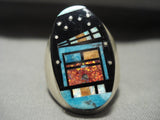 Huge Midnight Space Kachina Navajo Turquoise Native American Jewelry Silver Ring-Nativo Arts