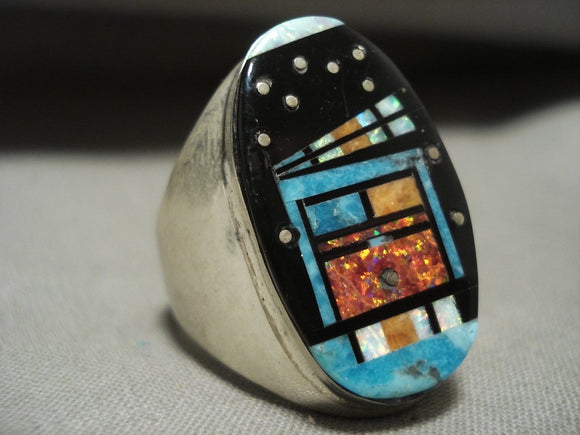 Huge Midnight Space Kachina Navajo Turquoise Native American Jewelry Silver Ring-Nativo Arts