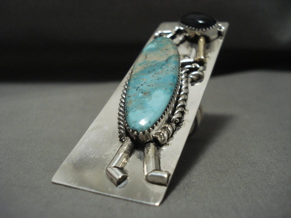 Huge Navajo Kokopelli 'Gold Flute' Turquoise Native American Jewelry Silver Ring-Nativo Arts