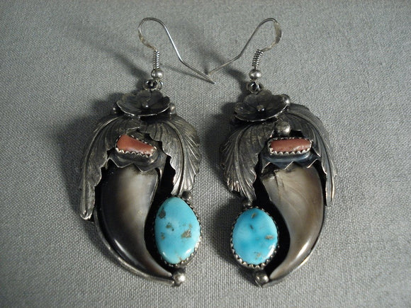 Huge Navajo Turquoise Coral Native American Jewelry Silver Earrings-Nativo Arts
