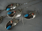 Huge Navajo Turquoise Coral Native American Jewelry Silver Leaf Necklace Earrings-Nativo Arts