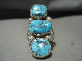 Huge Old Sleeping Beauty Turquoise 'Triple Tier' Native American Jewelry Silver Ring Vintage-Nativo Arts