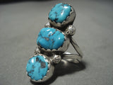 Huge Old Sleeping Beauty Turquoise 'Triple Tier' Native American Jewelry Silver Ring Vintage-Nativo Arts
