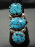 Huge Old Sleeping Beauty Turquoise 'Triple Tier' Native American Jewelry Silver Ring Vintage-Nativo Arts