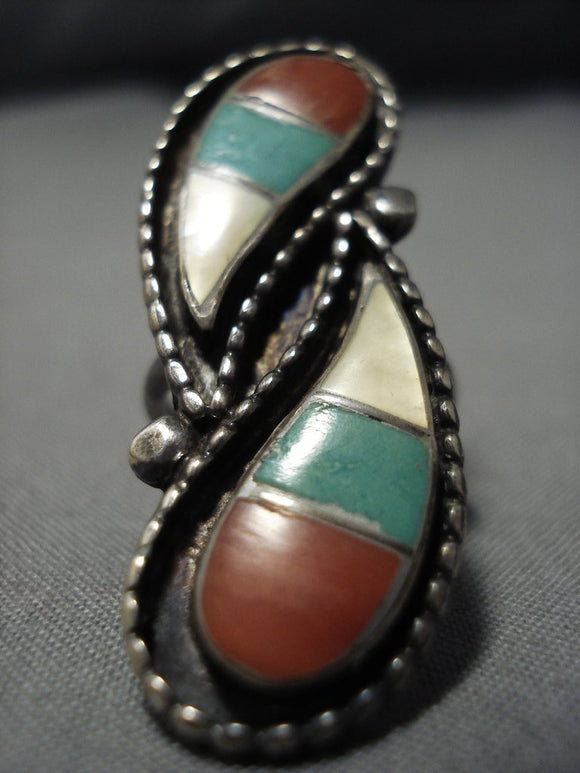Huge Swirling Vintage Zuni Turquoise Coral Sterling Silver Native American Jewelry Ring-Nativo Arts