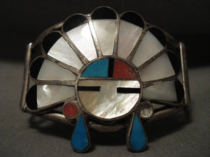 Huge Vintage Early Chief Zuni/ Navajo Turquoise Coral Native American Jewelry Silver Bracelet-Nativo Arts