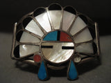 Huge Vintage Early Chief Zuni/ Navajo Turquoise Coral Native American Jewelry Silver Bracelet-Nativo Arts