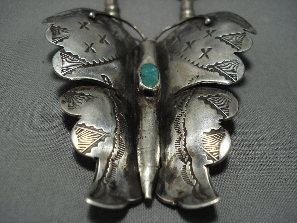 Huge Vintage Native American Jewelry Navajo Butterfly Turquoise Sterling  Silver Necklace Old