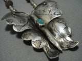 Huge Vintage Native American Jewelry Navajo Butterfly Turquoise Sterling Silver Necklace Old-Nativo Arts