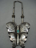Huge Vintage Native American Jewelry Navajo Butterfly Turquoise Sterling Silver Necklace Old-Nativo Arts