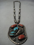 Huge Vintage Native American Jewelry Navajo Gilbert Turquoise Coral Sterling Silver Necklace Old-Nativo Arts