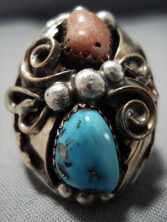 Huge Vintage Native American Jewelry Navajo Gold Sterling Silver Turquoise Coral Ring Old-Nativo Arts