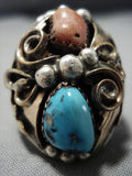Huge Vintage Native American Jewelry Navajo Gold Sterling Silver Turquoise Coral Ring Old-Nativo Arts