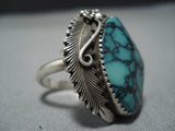Huge Vintage Native American Jewelry Navajo Green Spiderweb Turquoise Sterling Silver Leaf Ring Old-Nativo Arts