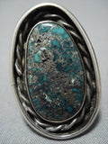 Huge Vintage Native American Jewelry Navajo Green Turquoise Sterling Silver Ring-Nativo Arts