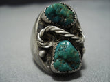 Huge Vintage Native American Jewelry Navajo Green Turquoise Twisted Rope Sterling Silver Ring-Nativo Arts