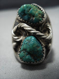 Huge Vintage Native American Jewelry Navajo Green Turquoise Twisted Rope Sterling Silver Ring-Nativo Arts