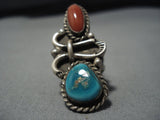 Huge Vintage Native American Jewelry Navajo Pilot Mountain Turquoise Coral Sterling Silver Ring Old-Nativo Arts