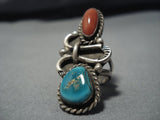 Huge Vintage Native American Jewelry Navajo Pilot Mountain Turquoise Coral Sterling Silver Ring Old-Nativo Arts