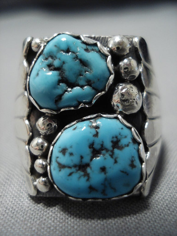 Huge Vintage Native American Jewelry Navajo Spiderweb Turquoise Nugget Sterling Silver Ring Old-Nativo Arts