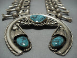 Huge! Vintage Native American Jewelry Navajo Spiderweb Turquoise Sterling Silver Squash Blossom Necklace-Nativo Arts