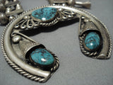 Huge! Vintage Native American Jewelry Navajo Spiderweb Turquoise Sterling Silver Squash Blossom Necklace-Nativo Arts