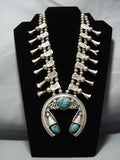 Huge! Vintage Native American Jewelry Navajo Spiderweb Turquoise Sterling Silver Squash Blossom Necklace-Nativo Arts