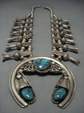 Huge! Vintage Native American Jewelry Navajo Spiderweb Turquoise Sterling Silver Squash Blossom Necklace-Nativo Arts