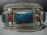 Huge Vintage Native American Jewelry Navajo Squared Turquoise Coral Sterling Silver Bracelet Cuff Old-Nativo Arts