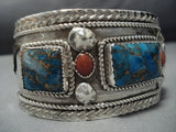 Huge Vintage Native American Jewelry Navajo Squared Turquoise Coral Sterling Silver Bracelet Cuff Old-Nativo Arts