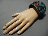 Huge!! Vintage Native American Jewelry Navajo Turquoise Coral Sterling Silver Cuff Bracelet Old-Nativo Arts