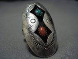 Huge Vintage Native American Jewelry Navajo Turquoise Coral Sterling Silver Ring-Nativo Arts