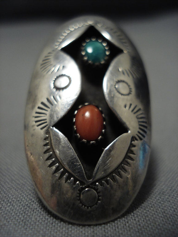 Huge Vintage Native American Jewelry Navajo Turquoise Coral Sterling Silver Ring-Nativo Arts