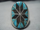 Huge!! Vintage Native American Jewelry Navajo Turquoise Onyx Mosaic Inlay Sterling Silver Ring-Nativo Arts