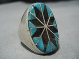 Huge!! Vintage Native American Jewelry Navajo Turquoise Onyx Mosaic Inlay Sterling Silver Ring-Nativo Arts