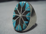 Huge!! Vintage Native American Jewelry Navajo Turquoise Onyx Mosaic Inlay Sterling Silver Ring-Nativo Arts