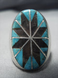 Huge!! Vintage Native American Jewelry Navajo Turquoise Onyx Mosaic Inlay Sterling Silver Ring-Nativo Arts