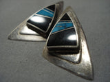 Huge!! Vintage Native American Jewelry Navajo Turquoise Onyx Sterling Silver Inlay Earrings Old-Nativo Arts