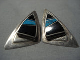 Huge!! Vintage Native American Jewelry Navajo Turquoise Onyx Sterling Silver Inlay Earrings Old-Nativo Arts