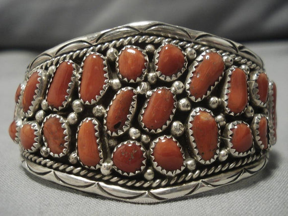 Huge Vintage Native American Navajo Coral Sterling Silver Bracelet-Nativo Arts