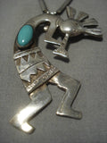 Huge!! Vintage Native American Navajo Dancing Kokopelli Turquoise Sterling Silver Necklace Old-Nativo Arts
