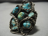 Huge!! Vintage Native American Navajo Morenci Turquoise Sterling Silver Ropes Ring Old-Nativo Arts