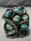 Huge!! Vintage Native American Navajo Morenci Turquoise Sterling Silver Ropes Ring Old-Nativo Arts